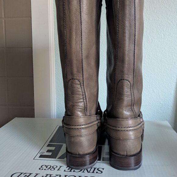 Frye Boots Size 7.5  Tall Maxine Trapunto Harness Gray All-Leather - Picture 7 of 16